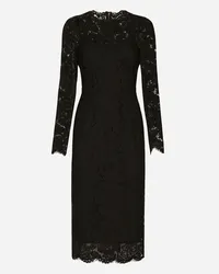 Dolce & Gabbana Abito Longuette A Manica Lunga In Pizzo Stretch Logato - Donna Abiti Nero Pizzo Nero