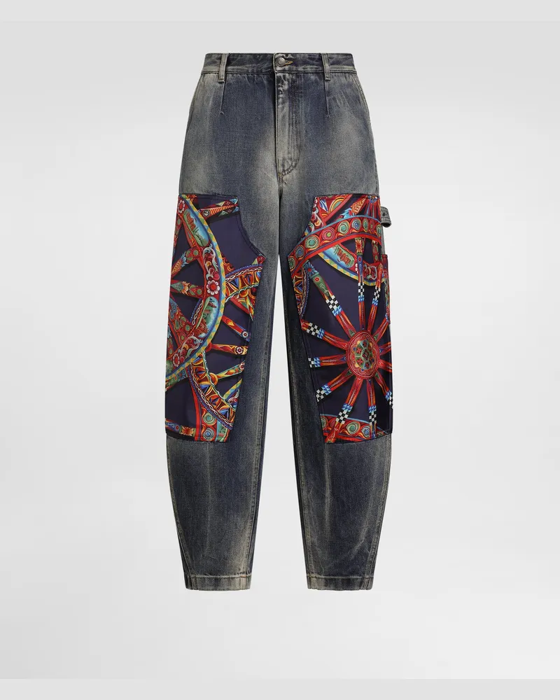 Dolce & Gabbana Pantaloni In Denim Con Applicazioni Stampa Carretto - Uomo Denim Multicolore Multicolore