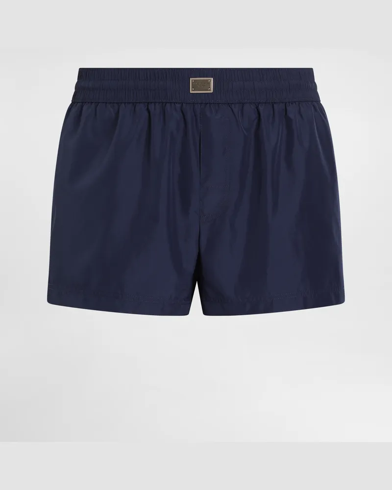 Dolce & Gabbana Boxer Da Mare Corto Con Placca - Uomo Beachwear Blu Blu