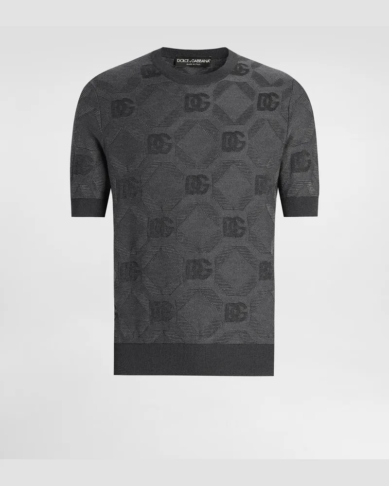 Dolce & Gabbana Maglia Girocollo In Seta Con Logo Jacquard - Uomo Maglieria Grigio Grigio