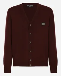 Dolce & Gabbana Cardigan In Lana E Cashmere Con Placca Logata - Uomo Maglieria Bordeaux Lana Vino