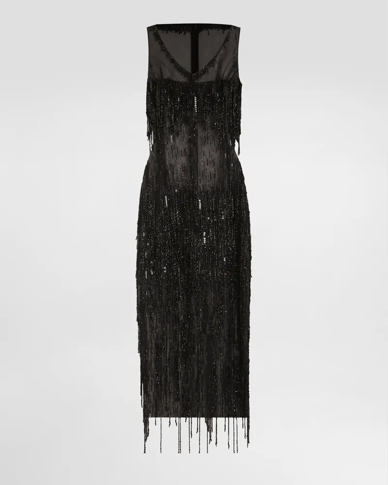 Dolce & Gabbana Abito Longuette Senza Maniche In Marquisette Con Ricamo Frange In Paillettes - Donna Abiti Nero Nero