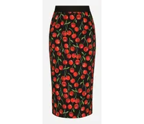 High-waisted Charmeuse Calf-length Skirt With Cherry Print - Donna Gonne Multicolore Seta