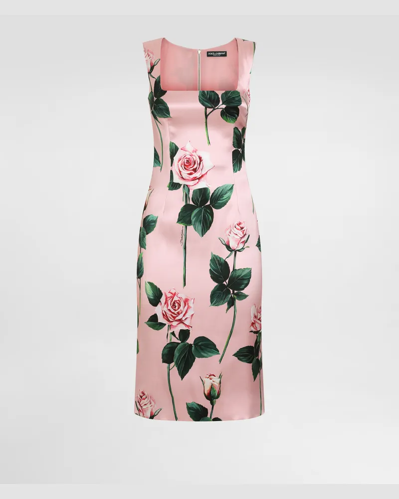 Dolce & Gabbana Abito Longuette A Tubino In Raso Stampa Rose - Donna Abiti Stampa Stampa
