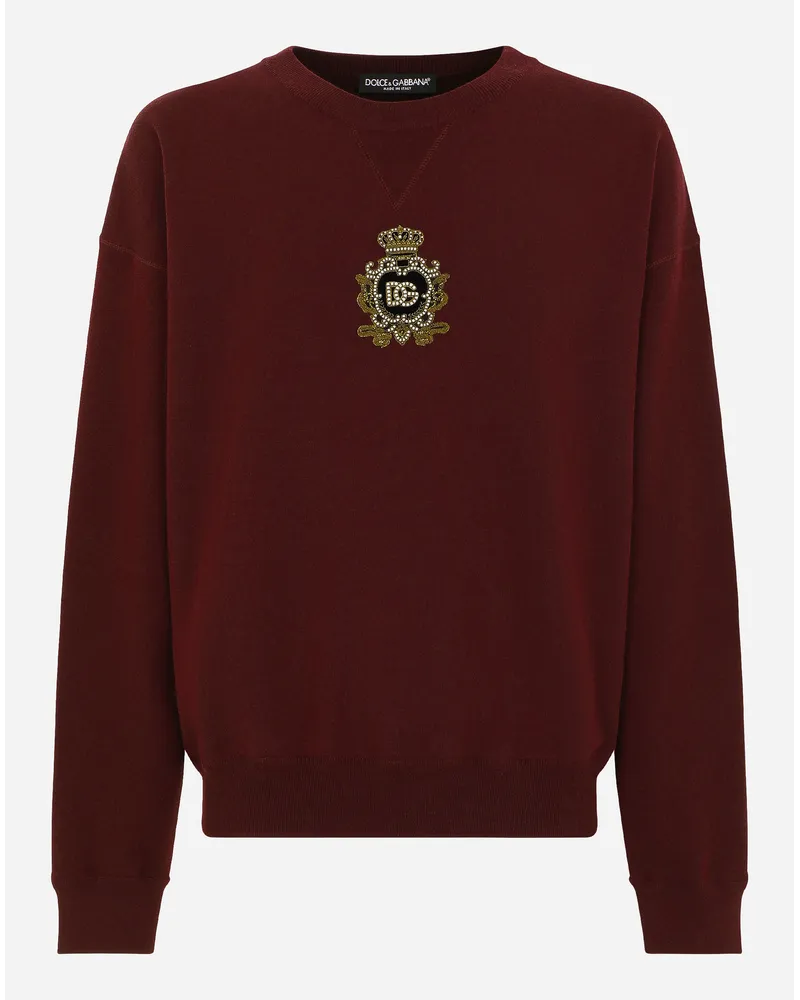 Dolce & Gabbana Felpa Maglia In Lana E Cashmere Con Patch Dg - Uomo Maglieria Bordeaux Lana Vino