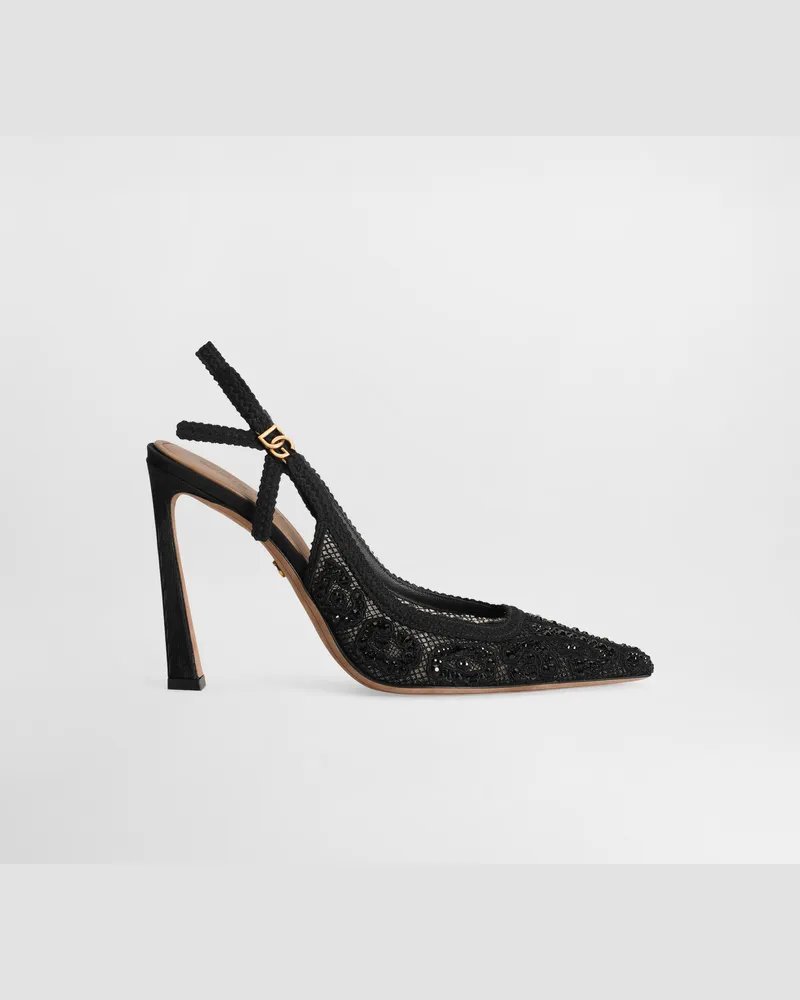 Dolce & Gabbana Slingback In Pizzo Leo E Termostrass - Donna Décolleté E Slingback Nero Nero