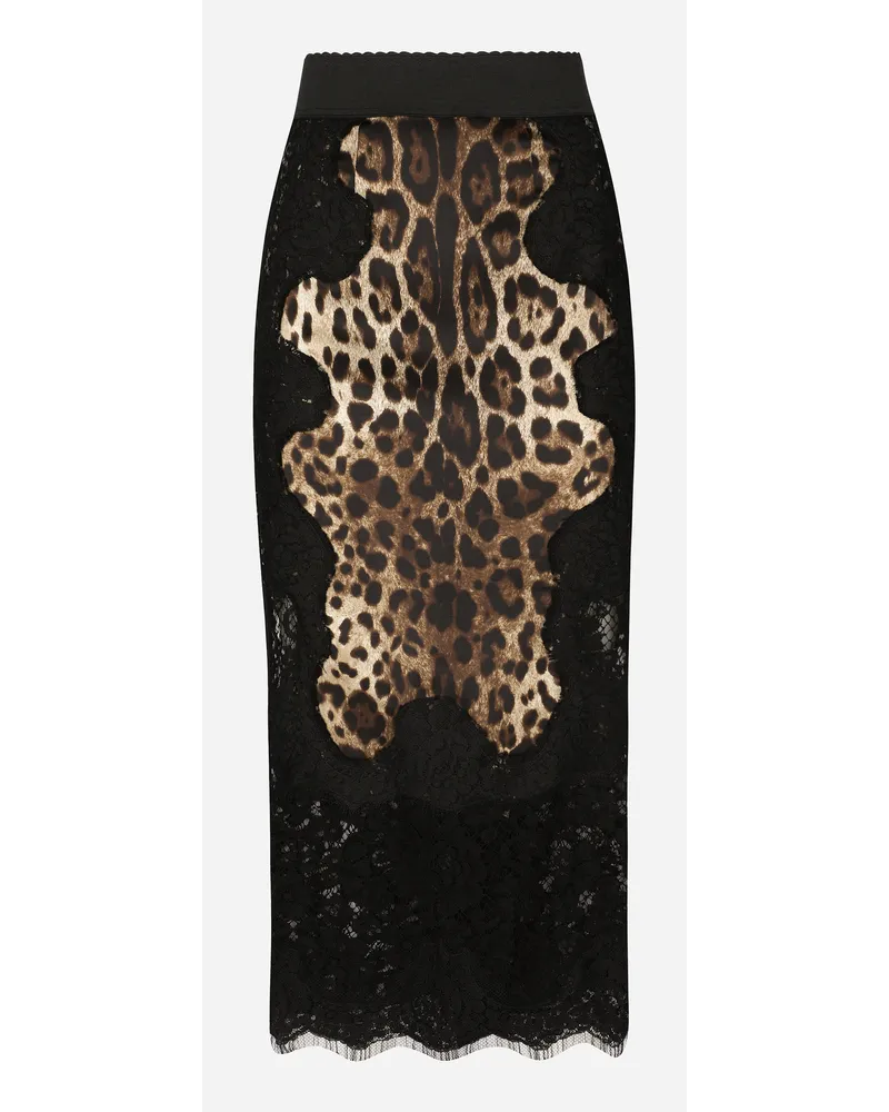 Dolce & Gabbana Gonna Midi In Raso Stampa Leopardo Con Inserti In Pizzo - Donna Gonne Stampa Animalier Cotone Leo