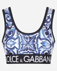 Dolce & Gabbana Top In Jersey Stampa Maiolica Con Elastico Logato - Donna Camicie E Top Blu Jersey Maiolica