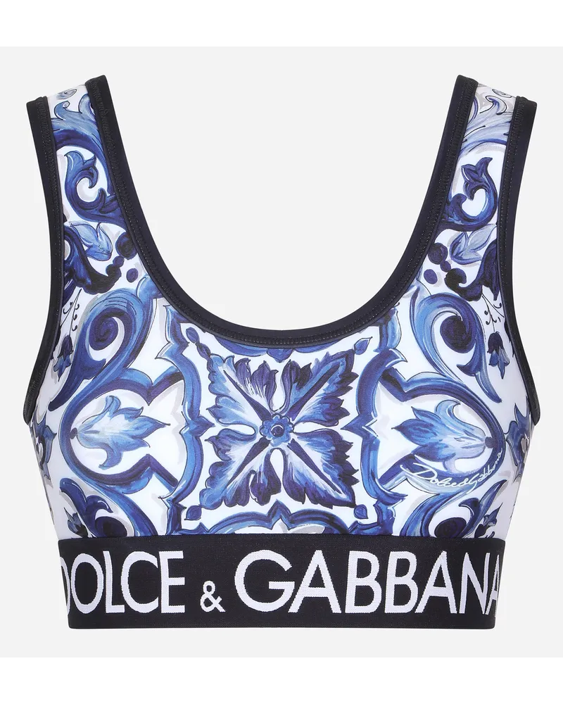 Dolce & Gabbana Top In Jersey Stampa Maiolica Con Elastico Logato - Donna Camicie E Top Blu Jersey Maiolica