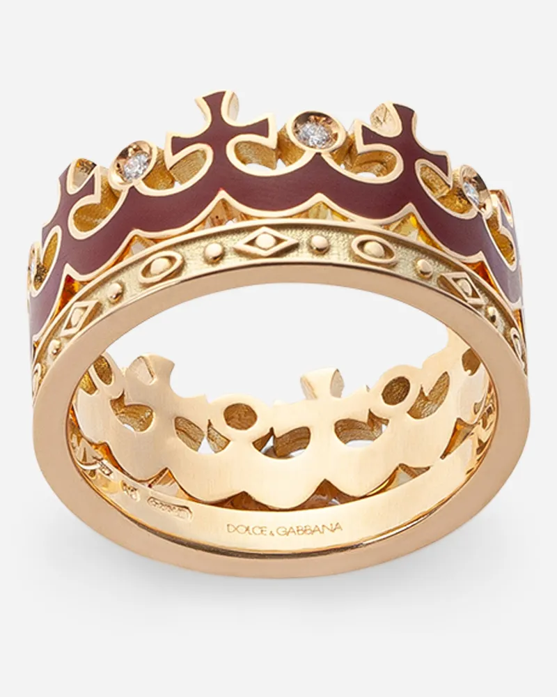 Dolce & Gabbana Crown Yellow Gold Ring With Burgundy Enamel Crown And Diamonds - Uomo Anelli Oro Oro