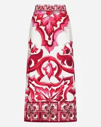 Dolce & Gabbana Gonna Longuette In Charmeuse Stampa Maiolica Con Spacco - Donna Gonne Fucsia Seta Tris