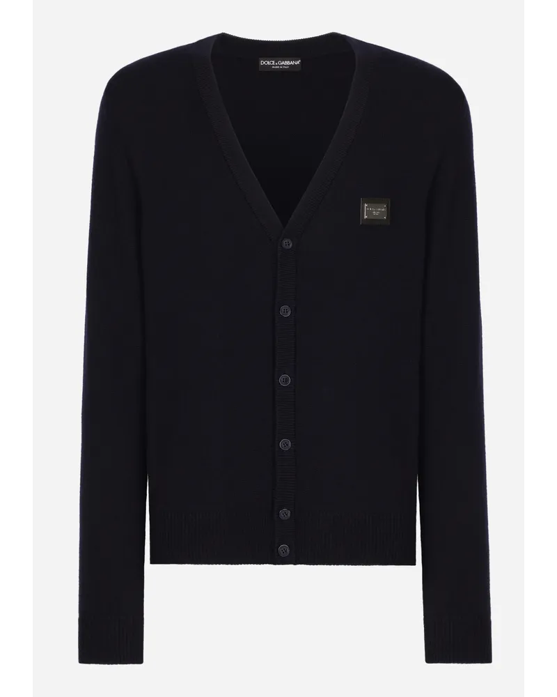 Dolce & Gabbana Cardigan In Lana E Cashmere Con Placca Logata - Uomo Maglieria Blu Lana Blu
