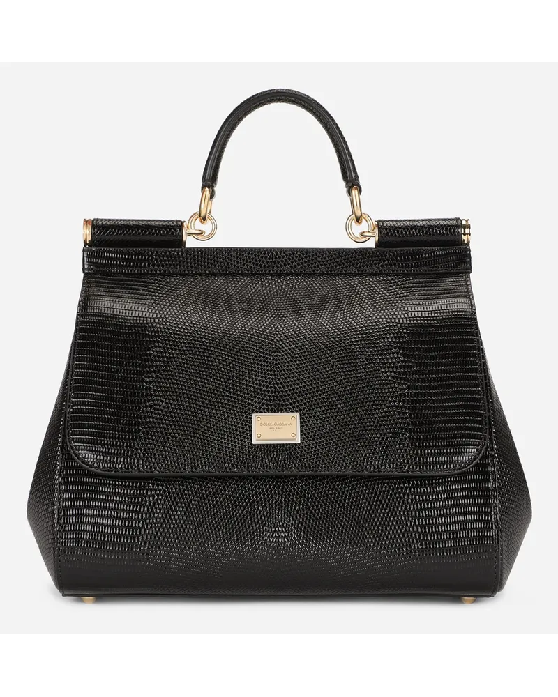 Dolce & Gabbana Borsa Sicily Media In Vitello Stampa Iguana - Donna Borse A Mano Nero Pelle Nero