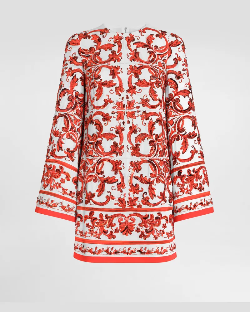 Dolce & Gabbana Abito In Charmeuse Stampa Maiolica Con Ricami - Donna Abiti Multicolore Ricamati