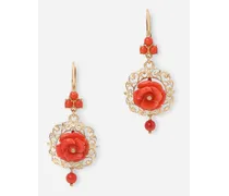 Coral Leverback Earrings In Yellow 18kt Gold With Coral Roses - Donna Orecchini Oro