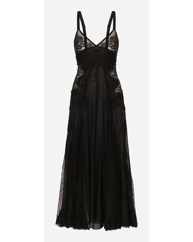 Dolce & Gabbana Abito Longuette A Sottoveste In Tulle Con Inserti In Pizzo - Donna Abiti Nero Tulle Nero