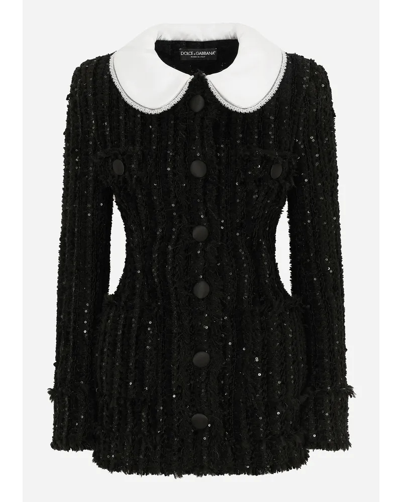 Dolce & Gabbana Giacca In Tweed Ricamo Paillettes Con Collo In Raso - Donna Giacche E Blazer Nero Nero