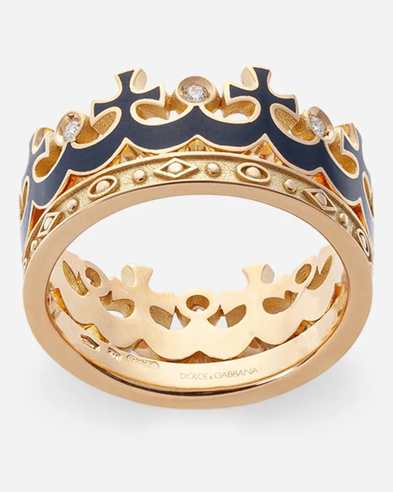 Dolce & Gabbana Crown Yellow Gold Ring With Blue Enamel Crown And Diamonds - Uomo Anelli Oro Oro