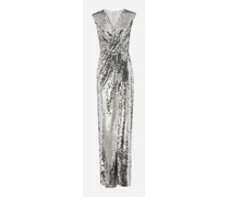 Long Sequined Dress With Draping - Donna Abiti Argento