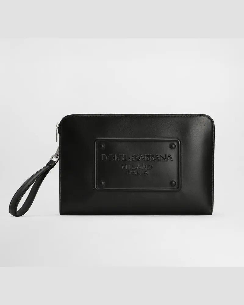 Dolce & Gabbana Pouch Grande In Pelle Di Vitello Con Logo In Rilievo - Uomo Portadocumenti E Clutch Nero Pelle Nero