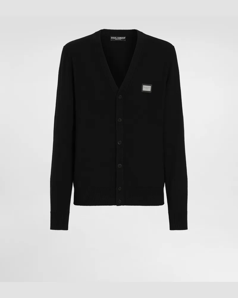 Dolce & Gabbana Cardigan In Lana E Cashmere Con Placca Logata - Uomo Maglieria Nero Lana Nero