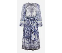 Majolica Print Chiffon Midi Dress - Donna Abiti Blu Seta