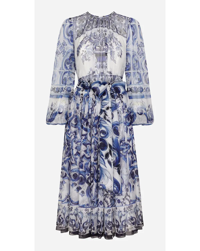 Dolce & Gabbana Majolica Print Chiffon Midi Dress - Donna Abiti Blu Seta Tris