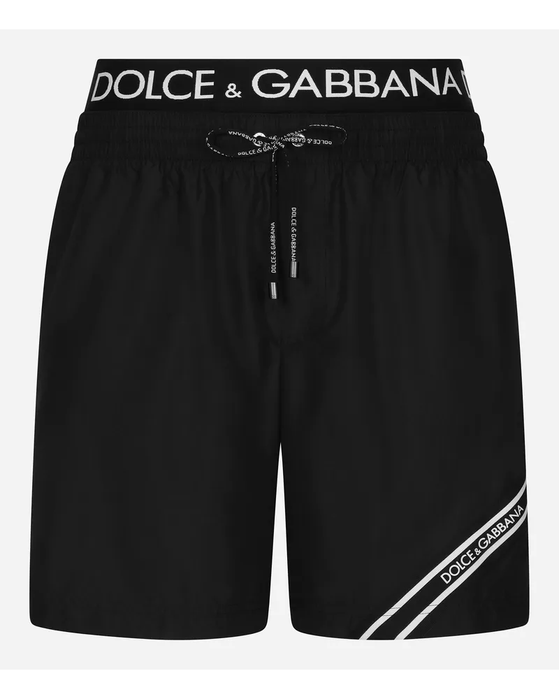 Dolce & Gabbana Mid-length Swim Trunks With Branded Band - Uomo Beachwear Nero Tessuto Nero