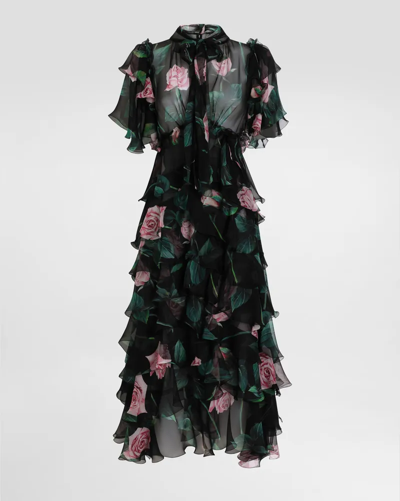 Dolce & Gabbana Abito Longuette Con Balze E Volant In Chiffon Stampa Rose - Donna Abiti Stampa Stampa