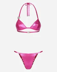 Dolce & Gabbana Laminated Triangle Bikini Top With Dg Logo - Donna Beachwear Rosa Tessuto Lamina