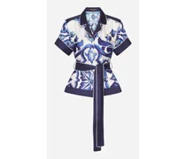 Camicia In Twill Stampa Maiolica Con Cintura - Donna Camicie E Top Blu Seta
