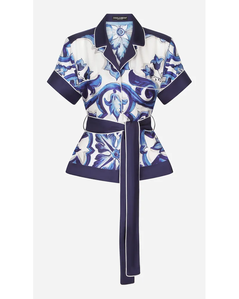 Dolce & Gabbana Camicia In Twill Stampa Maiolica Con Cintura - Donna Camicie E Top Blu Seta Tris