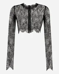 Dolce & Gabbana Top Corto Maniche Lunghe In Pizzo Chantilly - Donna Camicie E Top Nero Pizzo Nero