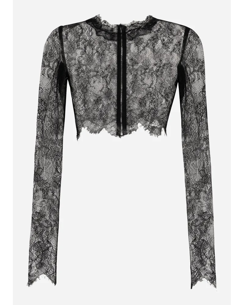 Dolce & Gabbana Top Corto Maniche Lunghe In Pizzo Chantilly - Donna Camicie E Top Nero Pizzo Nero