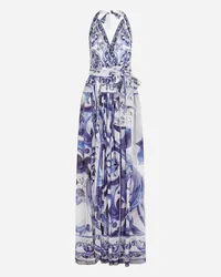 Dolce & Gabbana Abito Lungo Senza Maniche In Chiffon Stampa Maiolica - Donna Abiti Blu Seta Tris