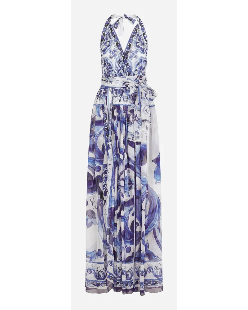 Dolce & Gabbana Abito Lungo Senza Maniche In Chiffon Stampa Maiolica - Donna Abiti Blu Seta Tris