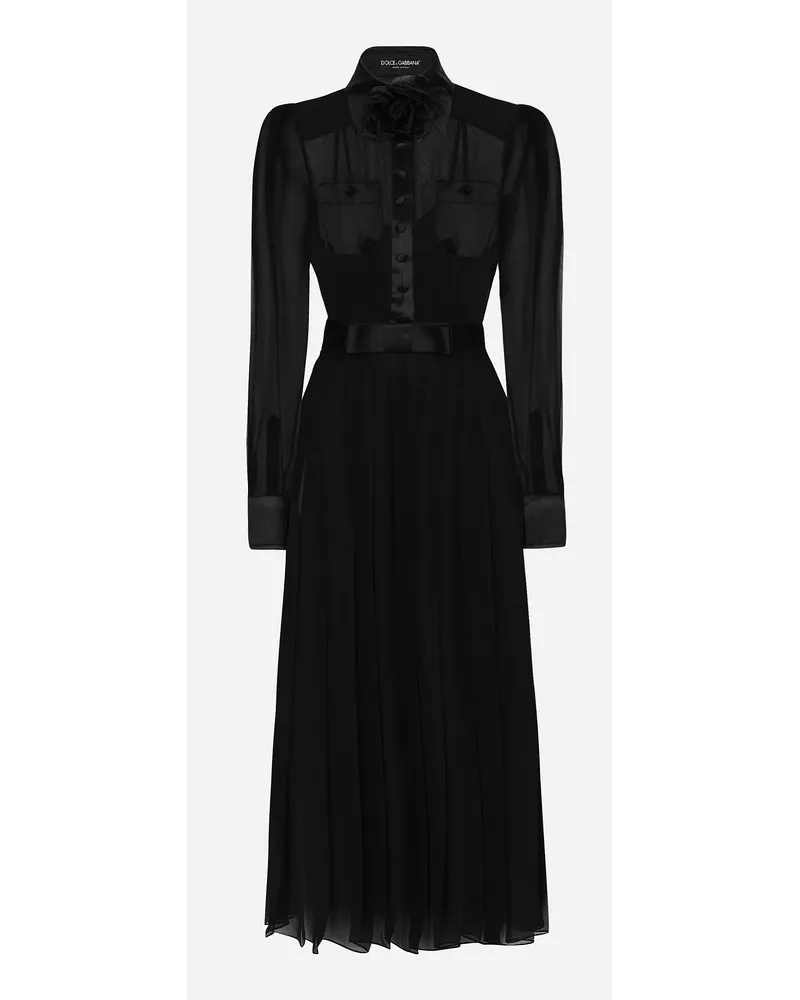 Dolce & Gabbana Abito Longuette Chemisier In Chiffon Con Dettagli In Raso - Donna Abiti Nero Seta Nero