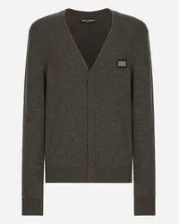 Dolce & Gabbana Cardigan In Lana E Cashmere Con Placca Logata - Uomo Maglieria Grigio Lana Melange