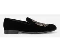 Dolce & Gabbana Pantofola In Velluto Con Ricamo Blasone - Uomo Driver E Mocassini Nero Velluto Nero