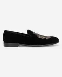 Dolce & Gabbana Pantofola In Velluto Con Ricamo Blasone - Uomo Driver E Mocassini Nero Velluto Nero