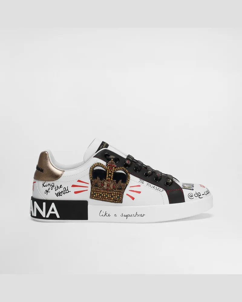 Dolce & Gabbana Portofino Sneakers In Printed Nappa Calfskin With Patch - Uomo Sneaker Bianco Pelle Scritte