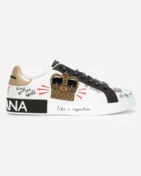 Dolce & Gabbana Portofino Sneakers In Printed Nappa Calfskin With Patch - Uomo Sneaker Bianco Pelle Scritte