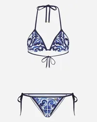 Dolce & Gabbana Bikini A Triangolo Stampa Maiolica - Donna Beachwear Blu Maiolica