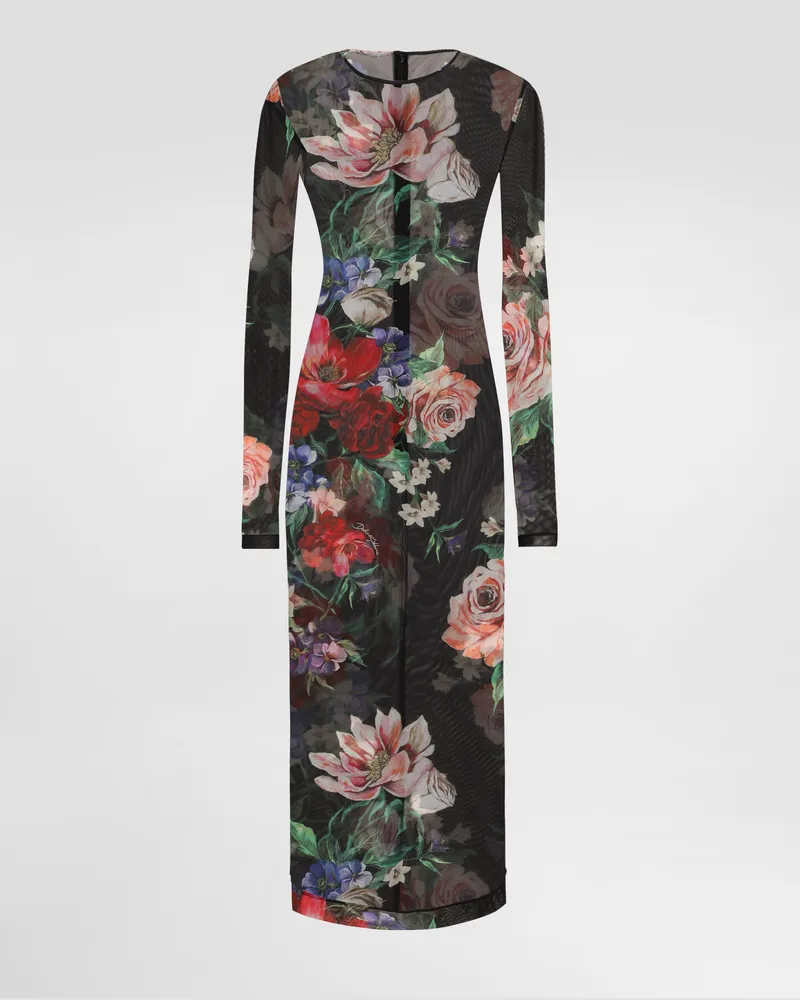 Dolce & Gabbana Abito Longuette In Tulle Stampa Fiori - Donna Abiti Stampa Stampa