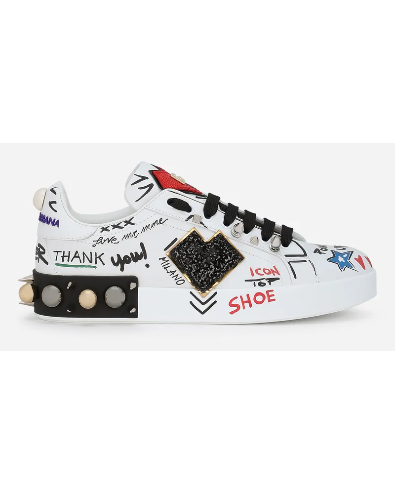 Dolce & Gabbana Sneaker Portofino In Pelle Di Vitello Stampata Con Patch - Donna Sneaker Bianco Pelle Scritte