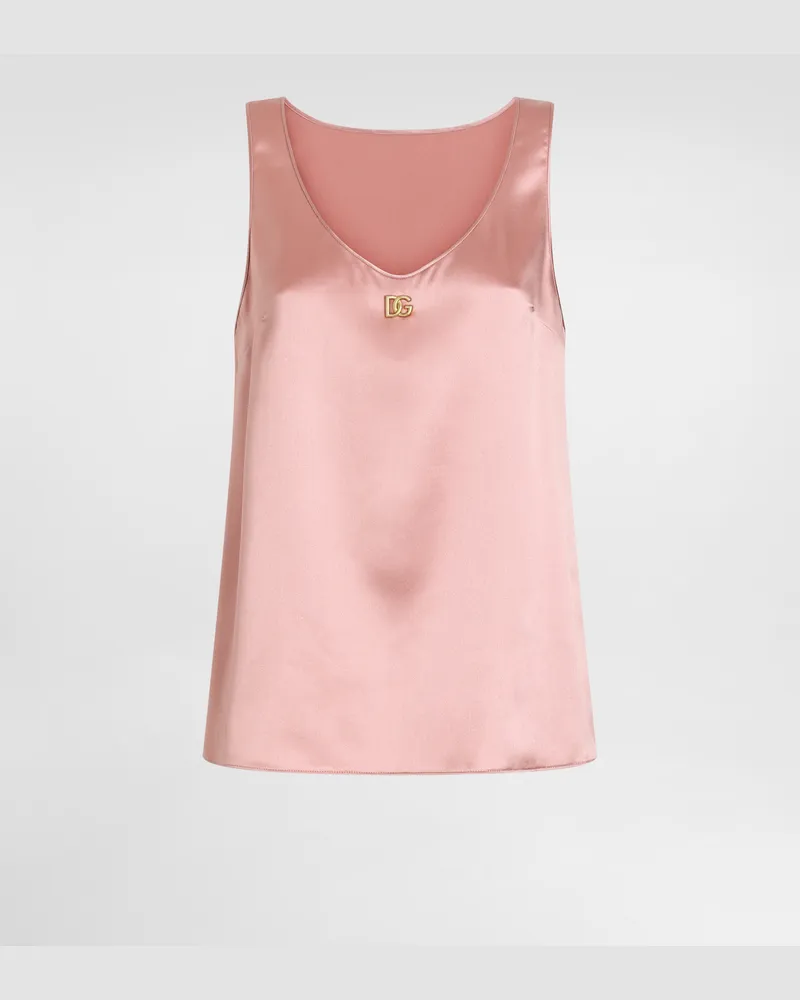 Dolce & Gabbana Top Canotta In Raso Con Logo Dg Pin - Donna Camicie E Top Rosa Seta Rosa