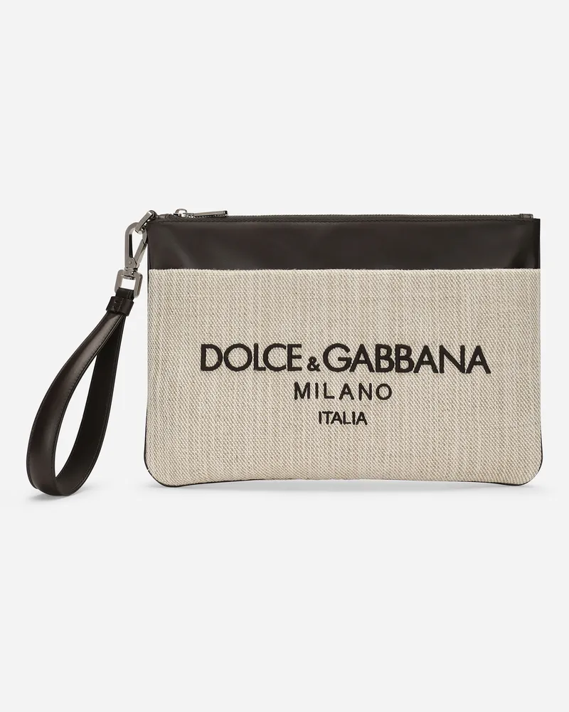 Dolce & Gabbana Pouch In Canvas - Uomo Portadocumenti E Clutch Beige Cotone Sabbia