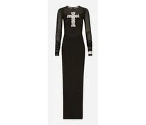 Long Tulle Dress With Rhinestone Cross Embellishment - Donna Abiti Nero Tulle