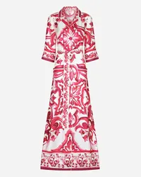 Dolce & Gabbana Chemisier Lungo In Twill Stampa Maiolica - Donna Cappotti E Giubbotti Fucsia Seta Tris