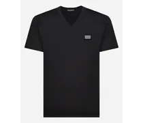 T-shirt Scollo A V Cotone Con Placca Logata - Uomo T-shirts E Polo Blu Cotone